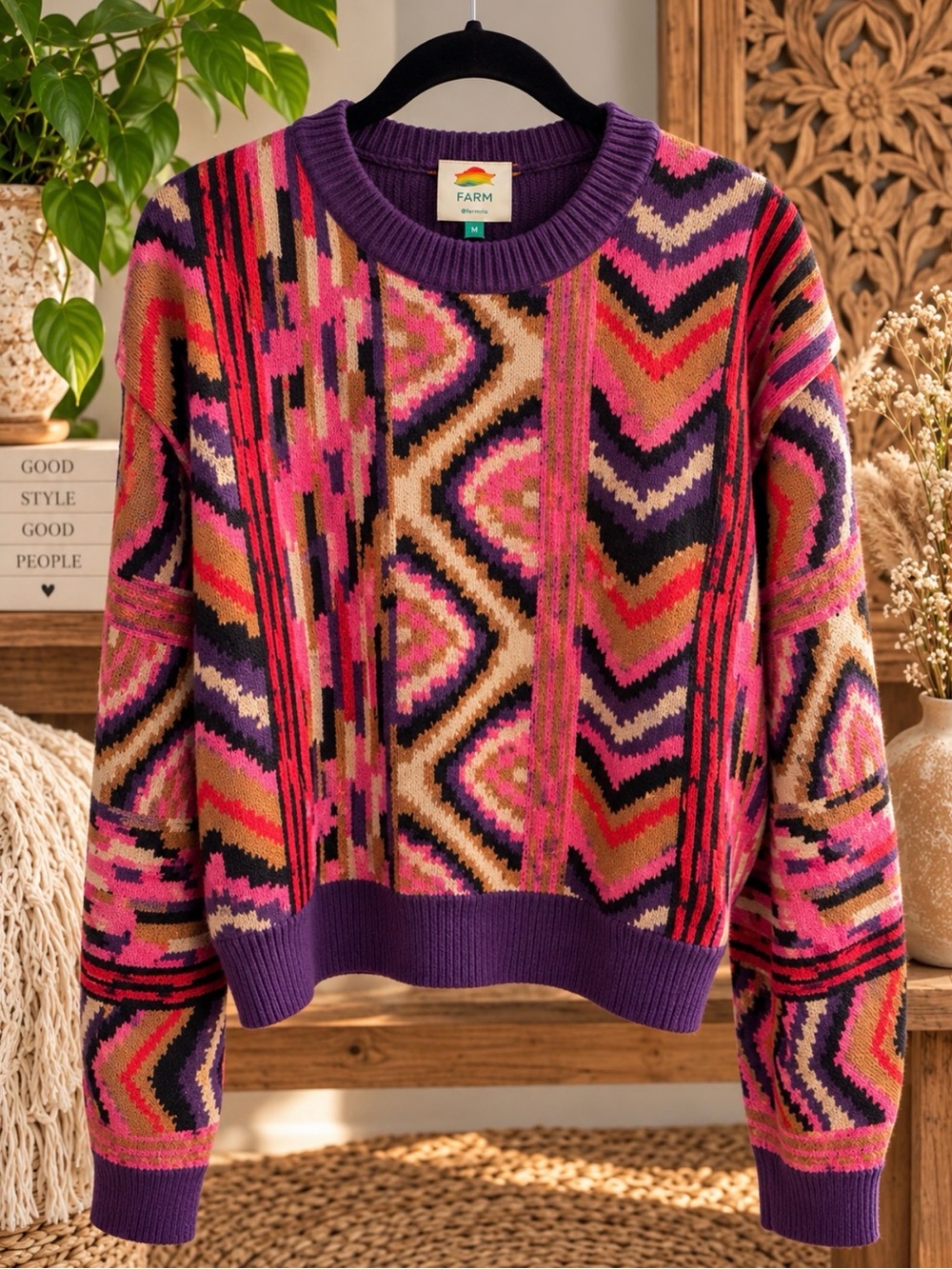 FARM Rio Red Stripes Patches Geometric Boho Knit Sweater M $165 -NWT